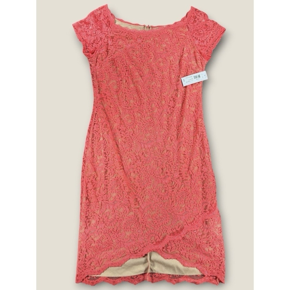 Bisou Bisou NWT Lace Sheath Dress Womens‎ 16 Coral Pink Nude Lining Cap Sleeve